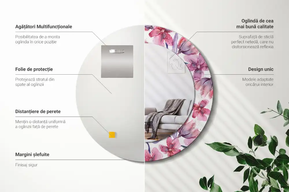 Kerek tükör akvarell virágos díszítéssel