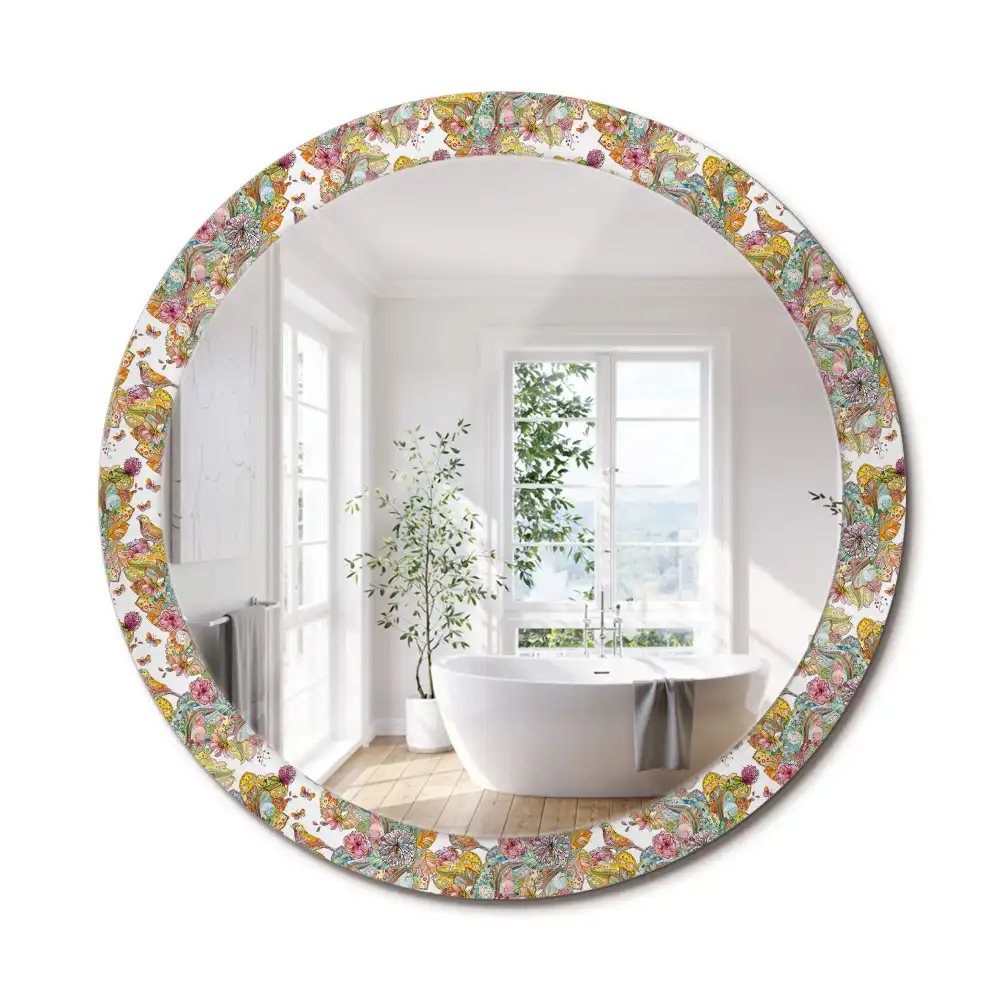 Kerek tükör mesebeli virág mintás díszítéssel
