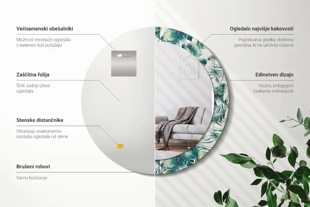 Kerek tükör leveles mintázatú kerettel