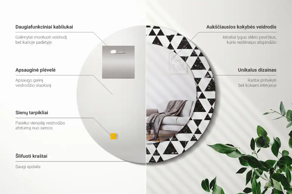 Kerek fali tükör háromszög geometriai mintával