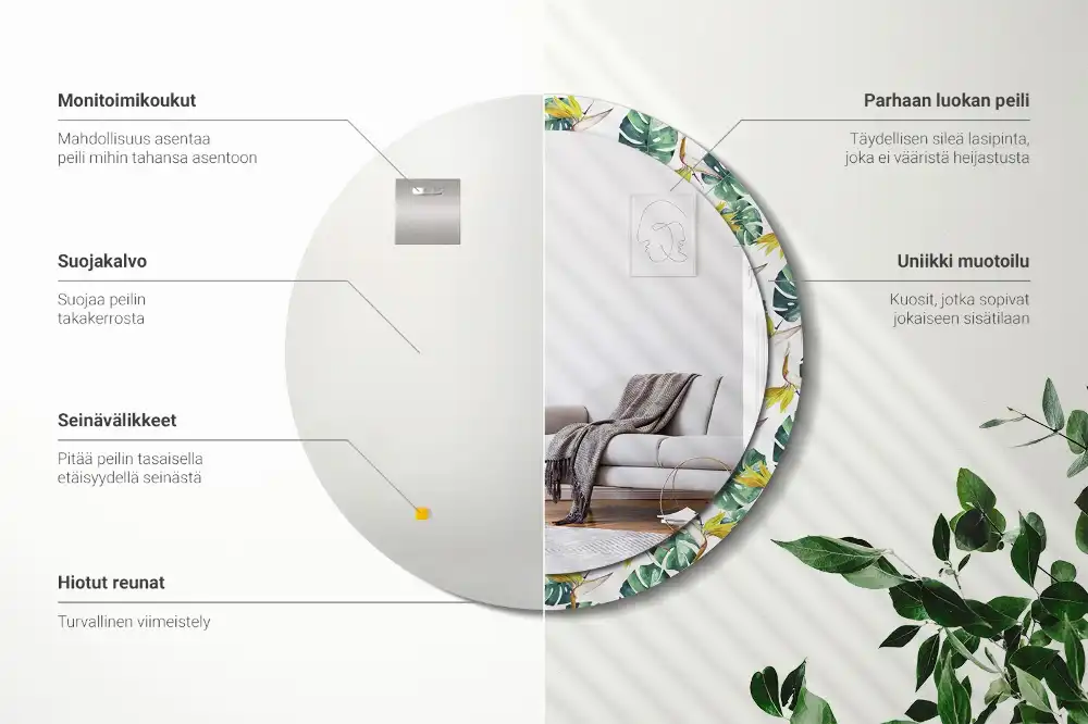 Kerek fali tükör trópusi levelek díszítéssel