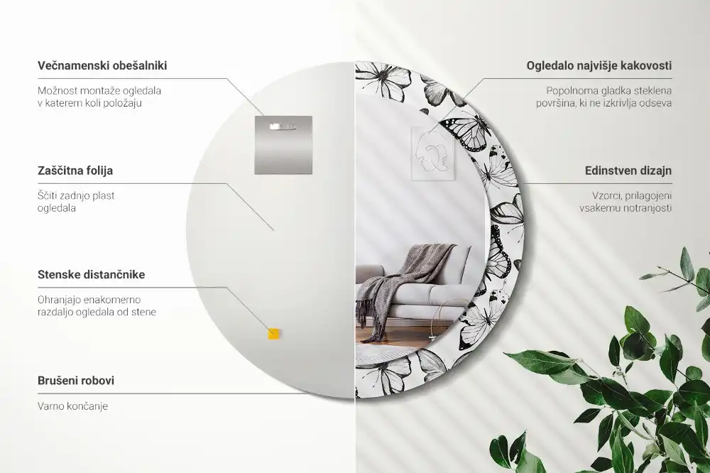 Kerek tükör pillangó mintás kerettel