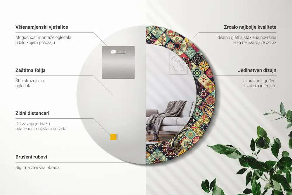 Kerek tükör patchwork csempe díszítéssel