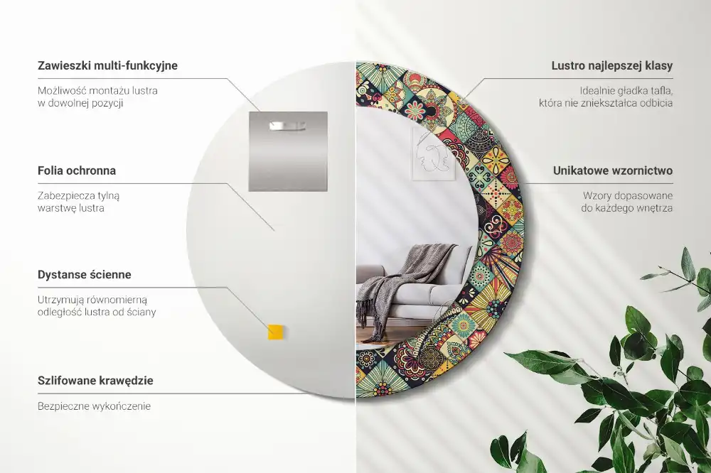 Kerek tükör patchwork csempe díszítéssel