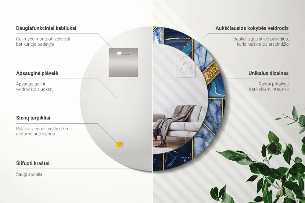 Modern márvány mintás kerek tükör nyomtatott kerettel