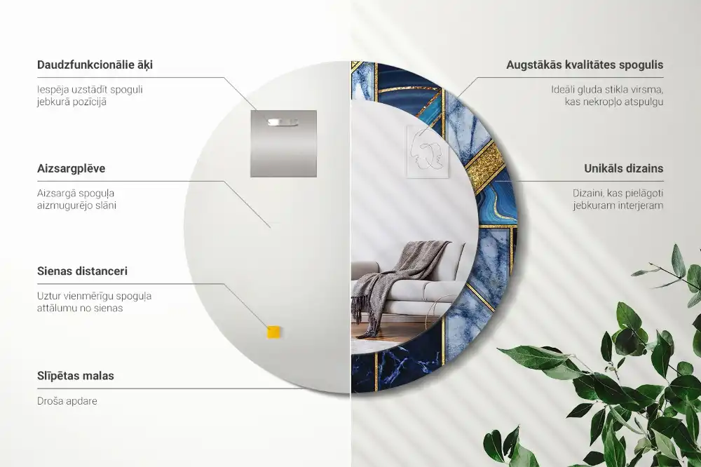Modern márvány mintás kerek tükör nyomtatott kerettel