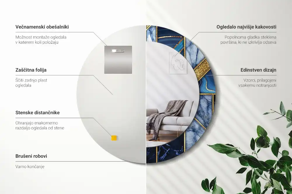 Modern márvány mintás kerek tükör nyomtatott kerettel