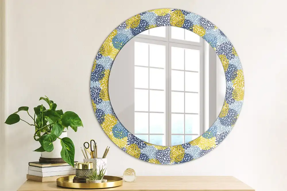 Kerek tükör kék virágmintás kerettel