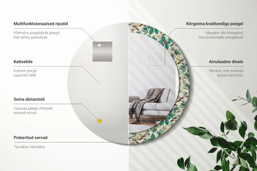 Kerek tükör virágok és madarak mintás kerettel