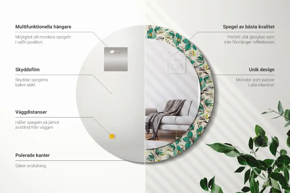Kerek tükör virágok és madarak mintás kerettel