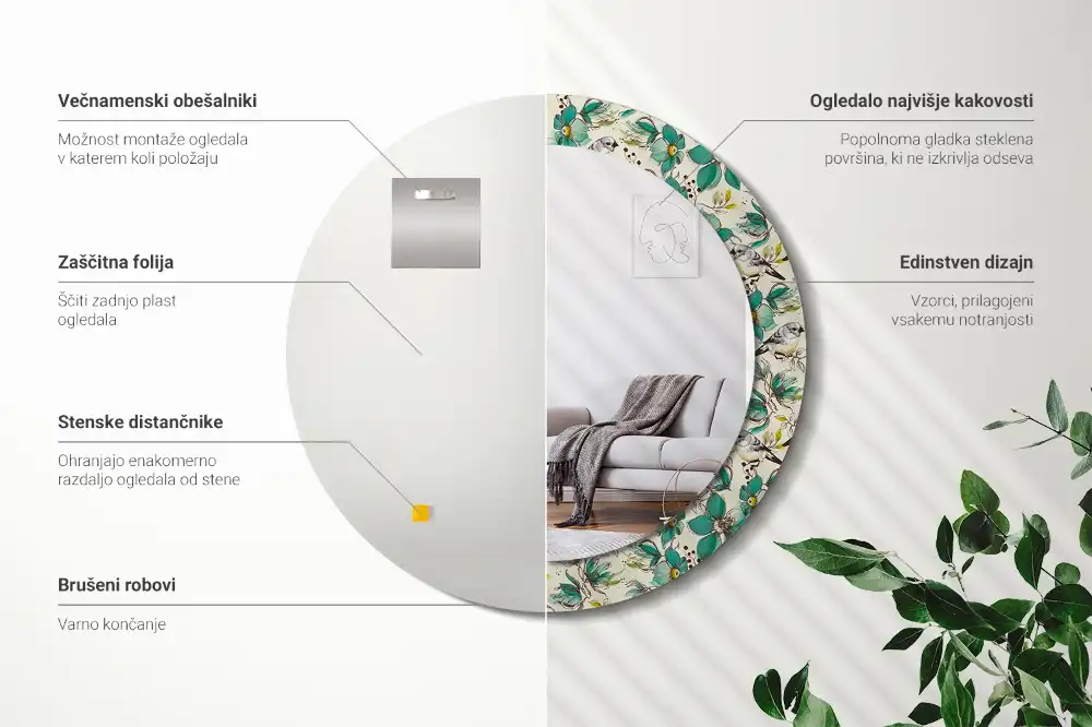 Kerek tükör virágok és madarak mintás kerettel