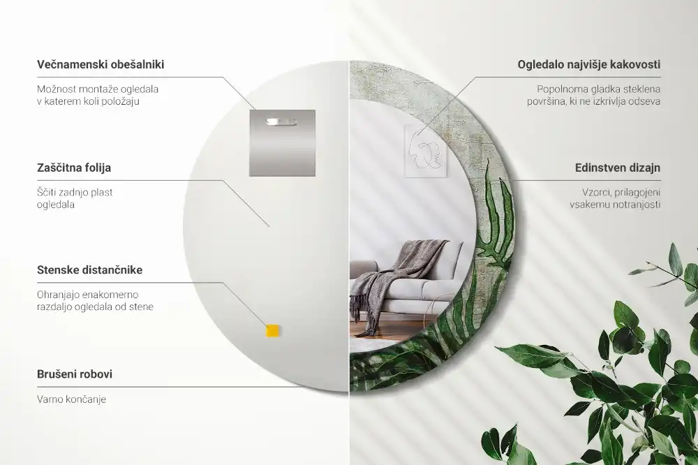 Kerek tükör páfrányleveles mintázatú kerettel
