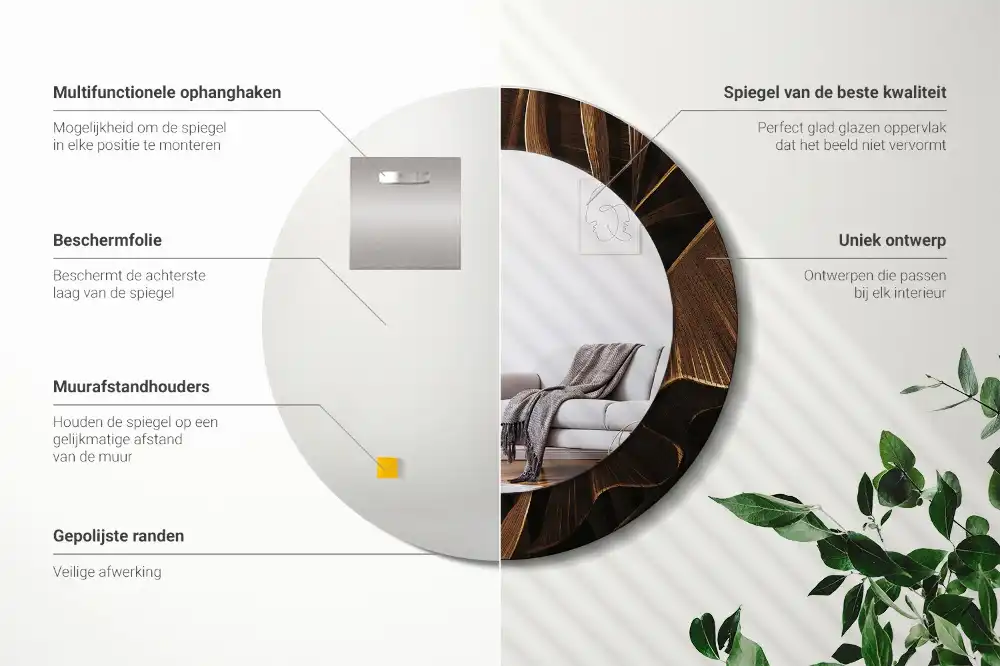 Barna banánlevél díszítésű kerek fali tükör