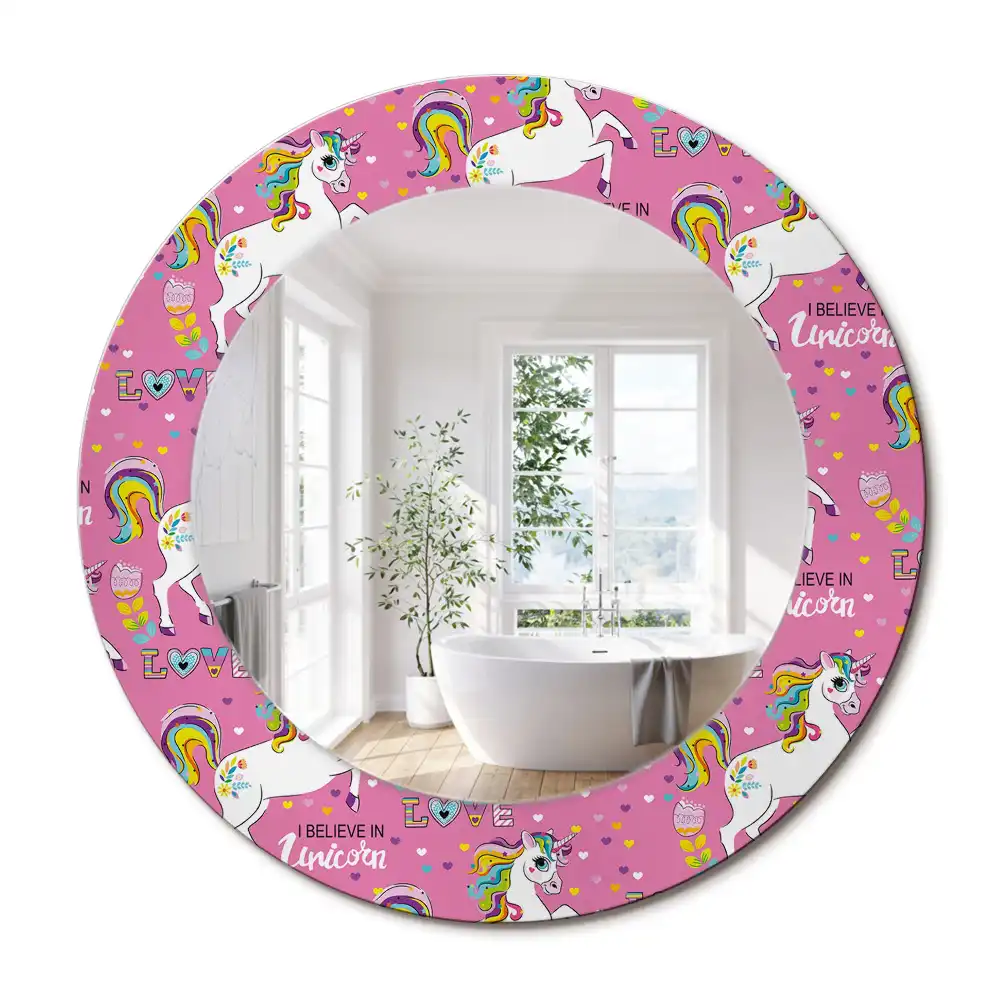 Kerek tükör unikornis mintás díszítéssel