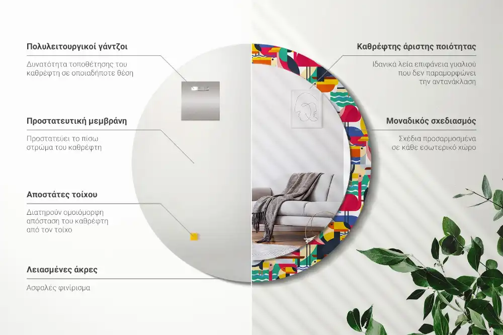Kerek tükör keretes nyomattal geometrikus trópusi madarak mintával