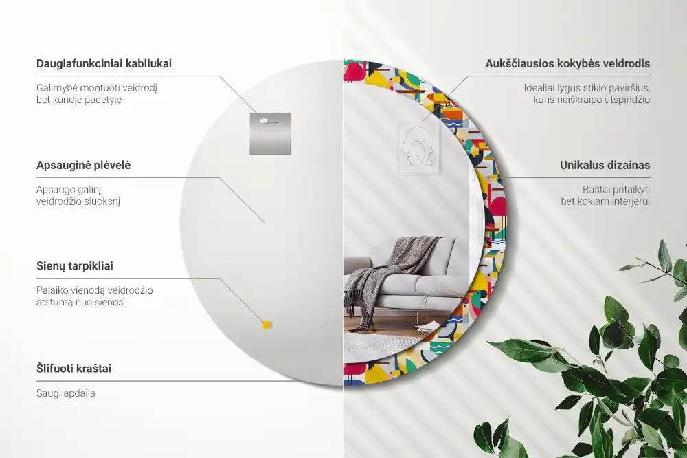 Kerek tükör keretes nyomattal geometrikus trópusi madarak mintával