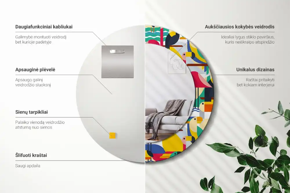 Kerek tükör keretes nyomattal geometrikus trópusi madarak mintával
