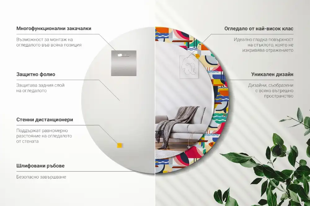 Kerek tükör keretes nyomattal geometrikus trópusi madarak mintával