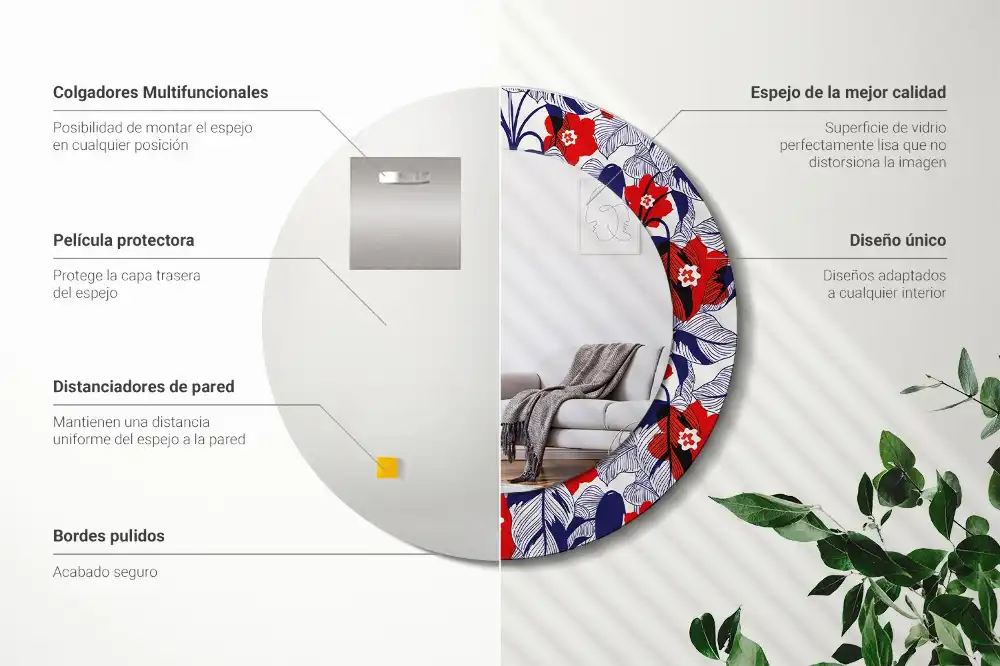 Kerek tükör filodendron nyomtatott kerettel