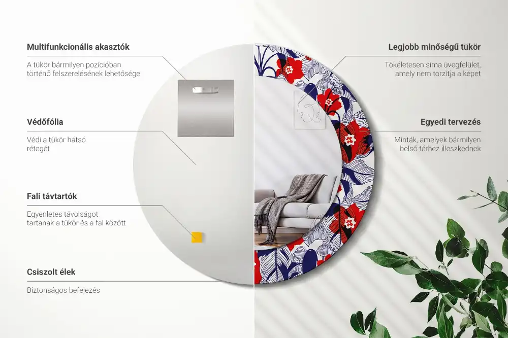 Kerek tükör filodendron nyomtatott kerettel