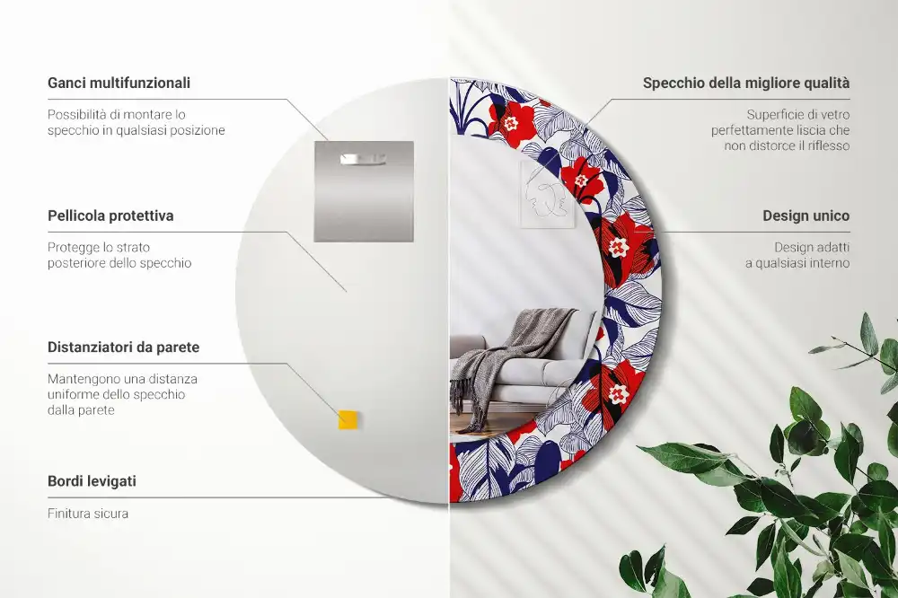 Kerek tükör filodendron nyomtatott kerettel