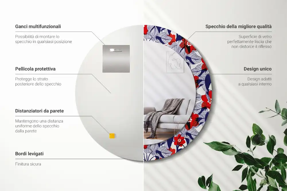Kerek tükör filodendron nyomtatott kerettel