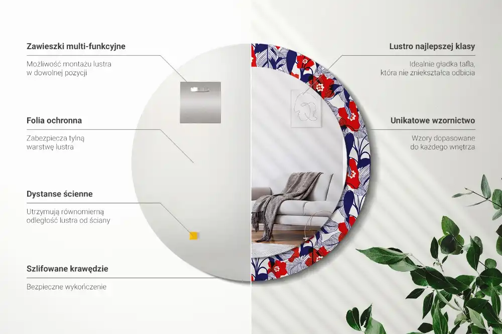 Kerek tükör filodendron nyomtatott kerettel