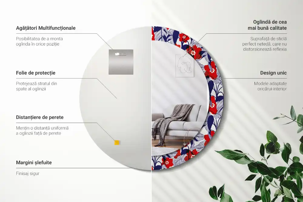 Kerek tükör filodendron nyomtatott kerettel