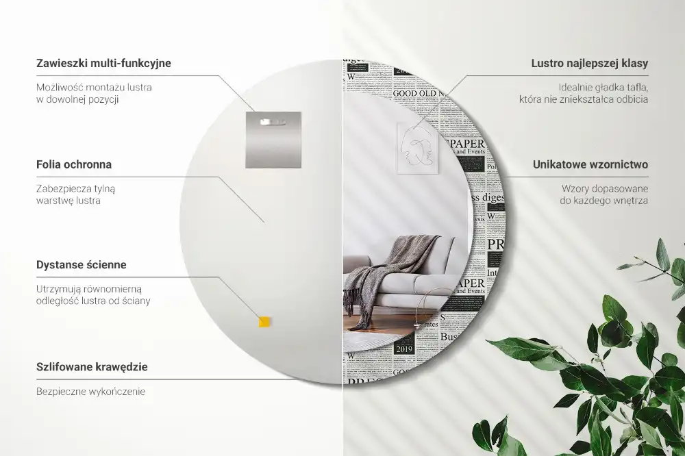 Kerek, újságmintás díszítésű tükör