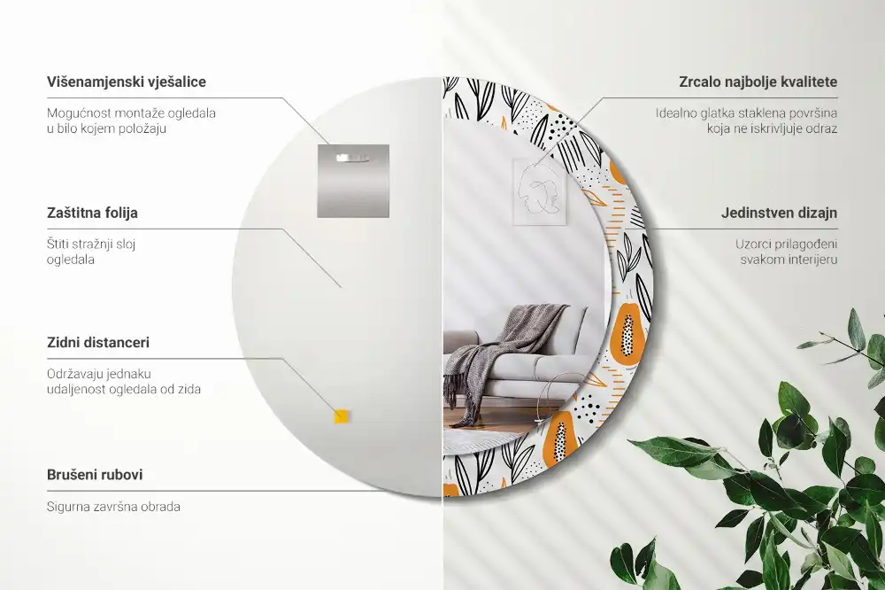 Kerek fali dísztükör papaja mintával