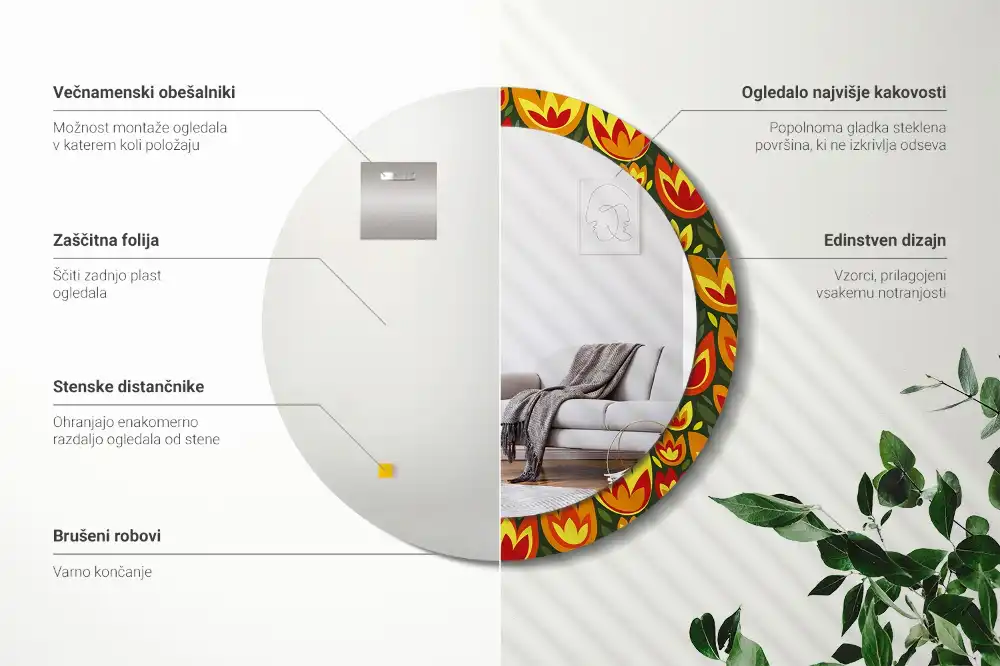 Retró tulipán mintás kerek tükör