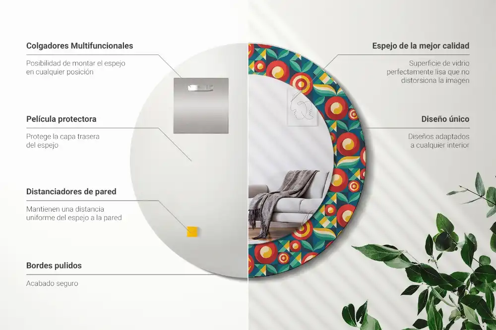 Kerek fali tükör geometrikus gyümölcs és levél mintás díszítéssel