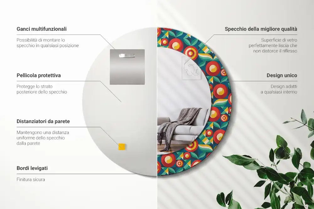 Kerek fali tükör geometrikus gyümölcs és levél mintás díszítéssel