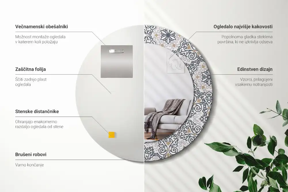 Geometriai díszítésű kerek tükör