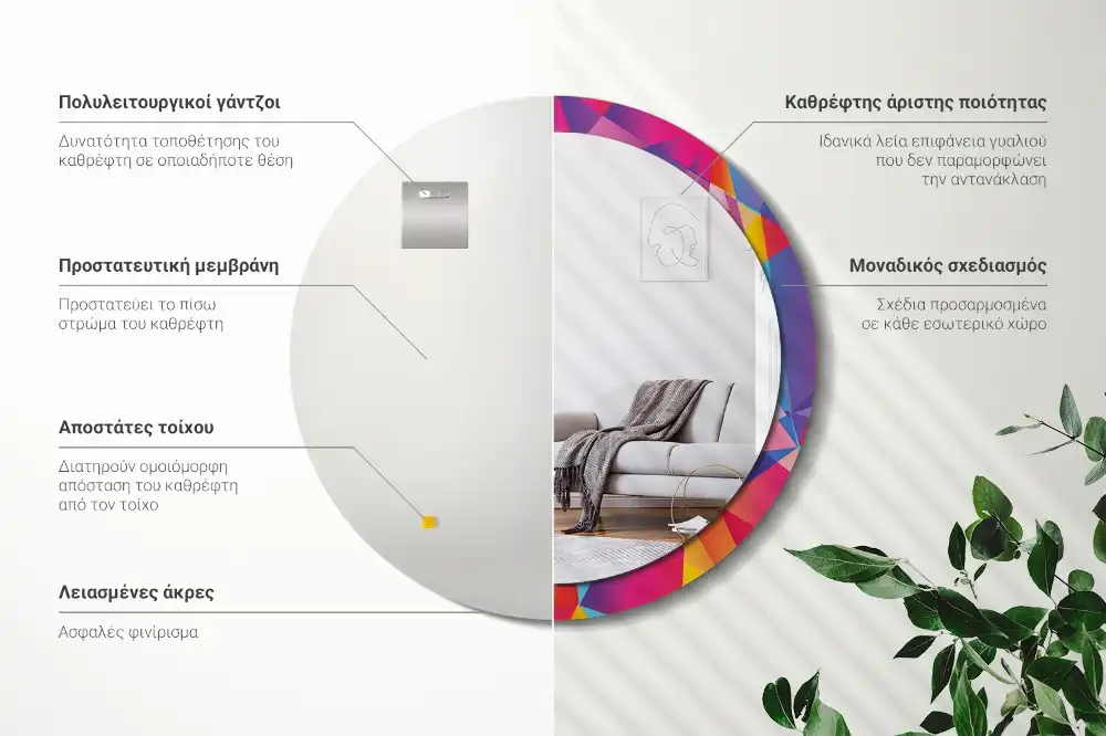 Kerek tükör geometriai kompozíció mintás kerettel