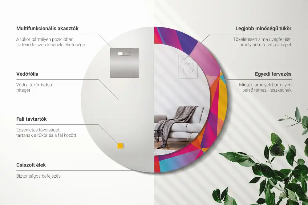 Kerek tükör geometriai kompozíció mintás kerettel
