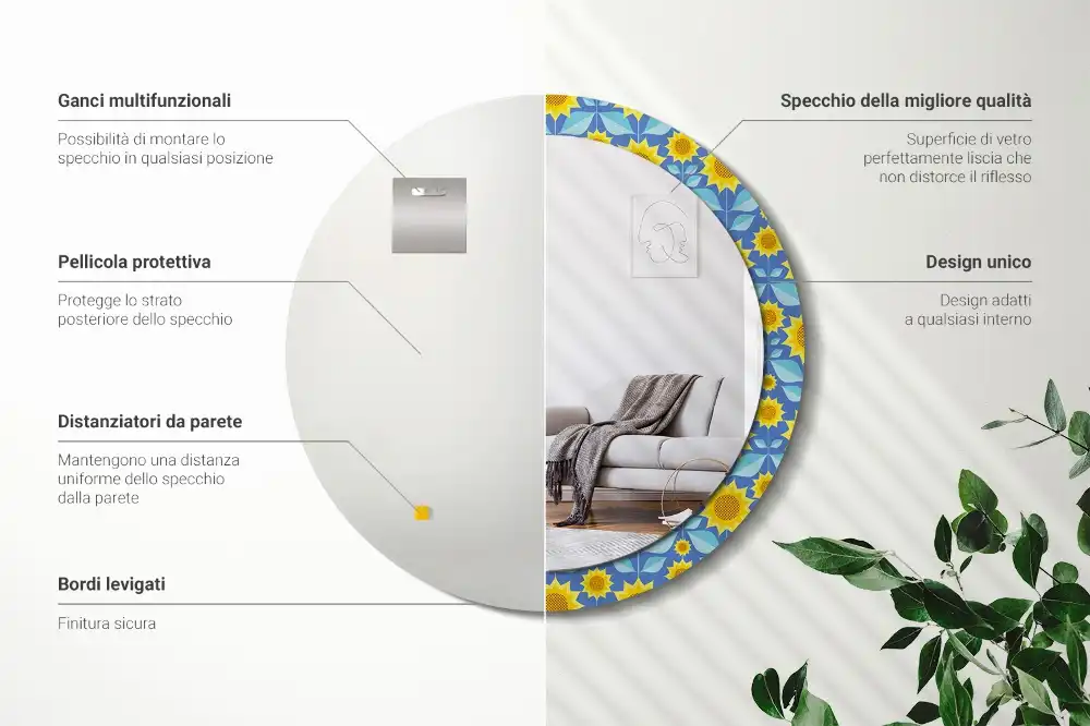 Kerek tükör geometrikus napraforgó mintás kerettel
