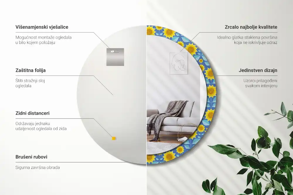 Kerek tükör geometrikus napraforgó mintás kerettel