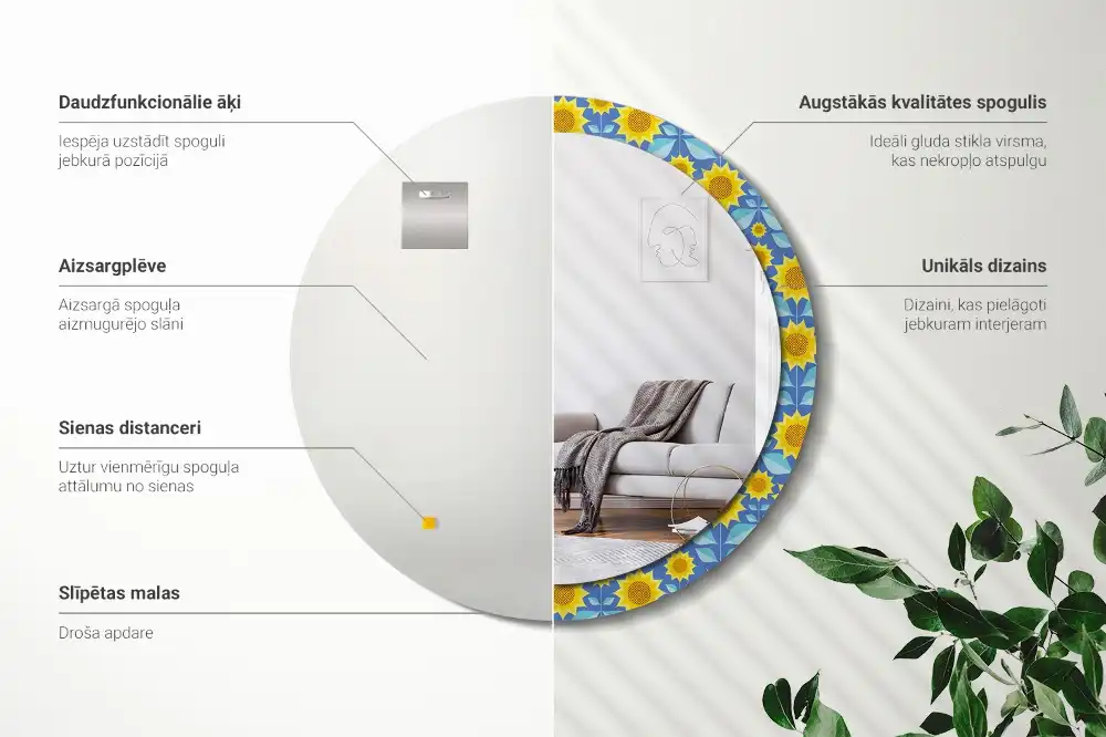Kerek tükör geometrikus napraforgó mintás kerettel