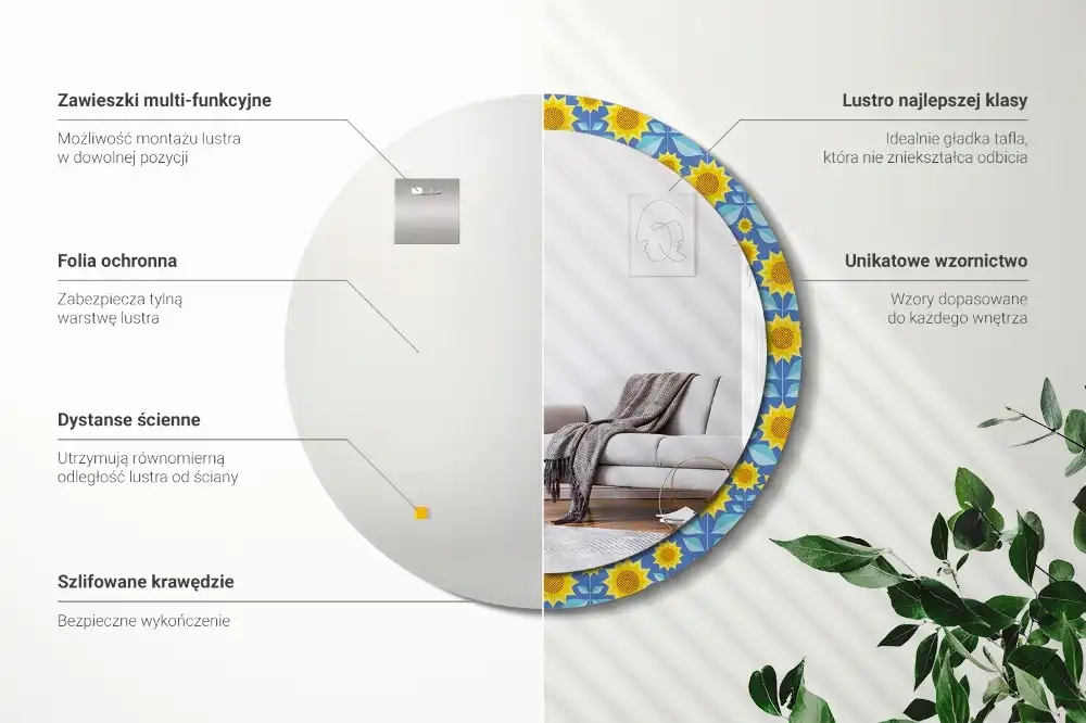 Kerek tükör geometrikus napraforgó mintás kerettel