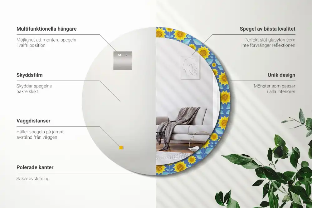 Kerek tükör geometrikus napraforgó mintás kerettel