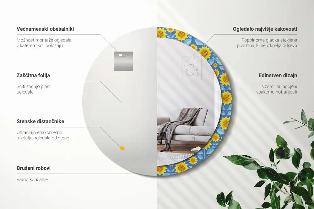 Kerek tükör geometrikus napraforgó mintás kerettel