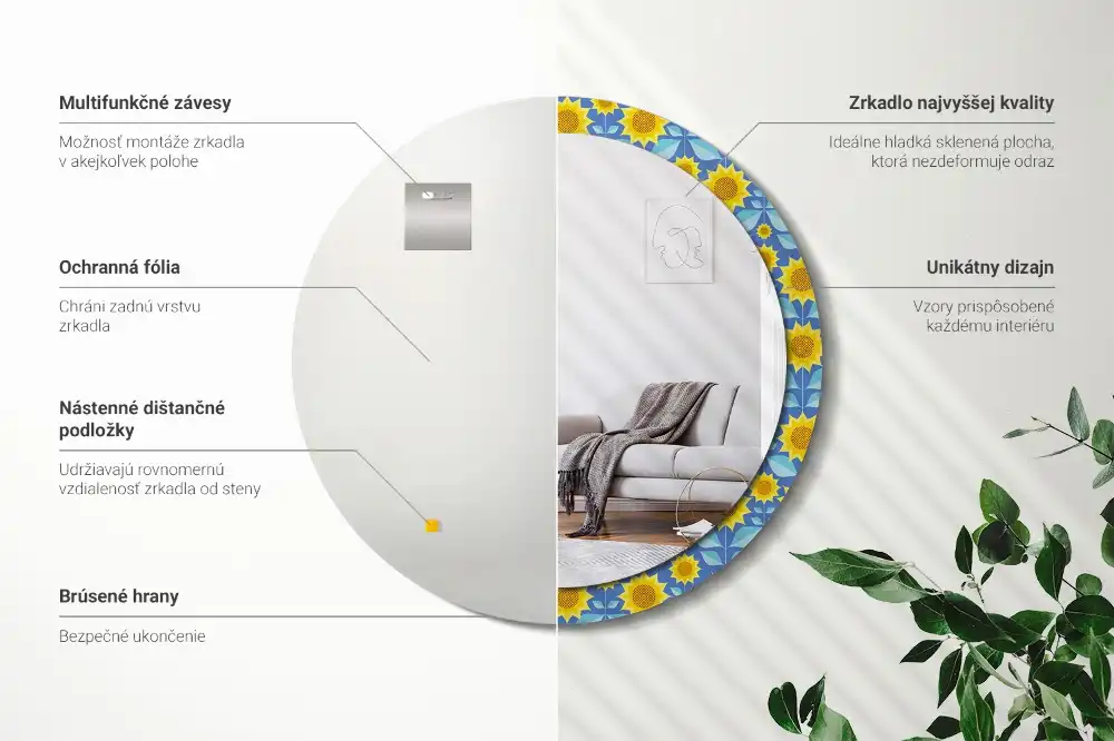 Kerek tükör geometrikus napraforgó mintás kerettel