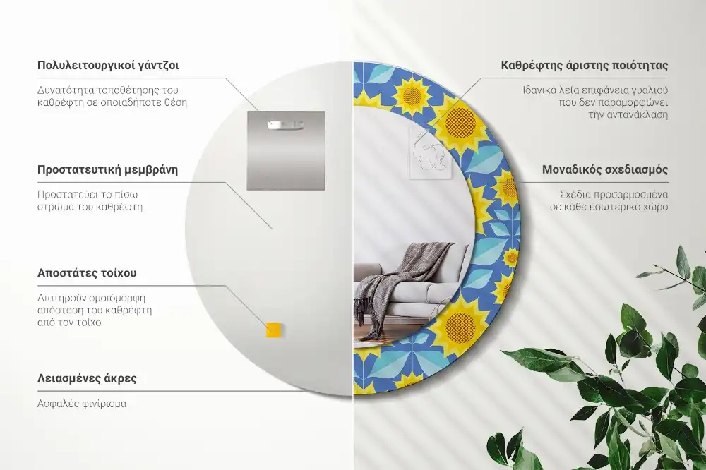 Kerek tükör geometrikus napraforgó mintás kerettel