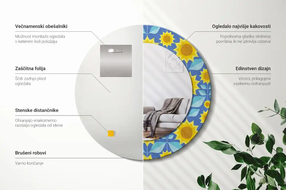 Kerek tükör geometrikus napraforgó mintás kerettel