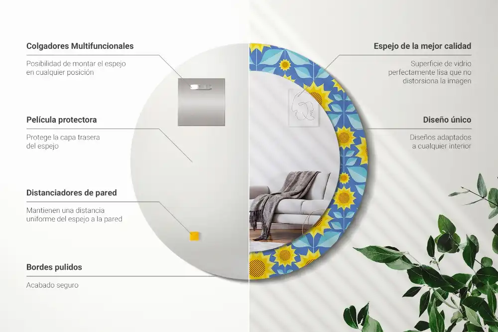 Kerek tükör geometrikus napraforgó mintás kerettel