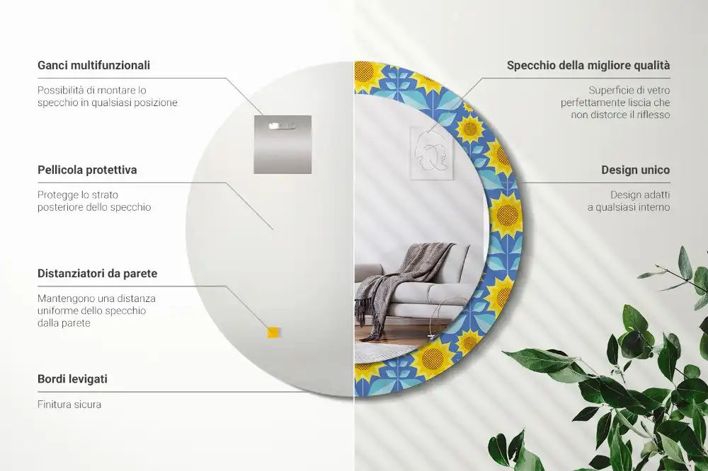 Kerek tükör geometrikus napraforgó mintás kerettel