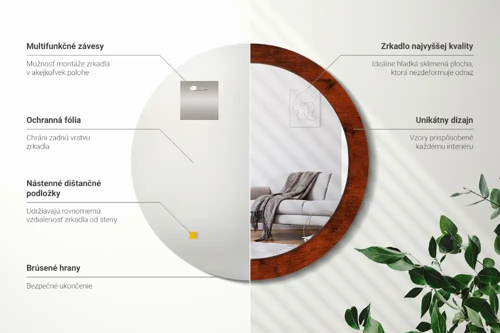 Kerek fali tükör természetes fa díszítéssel