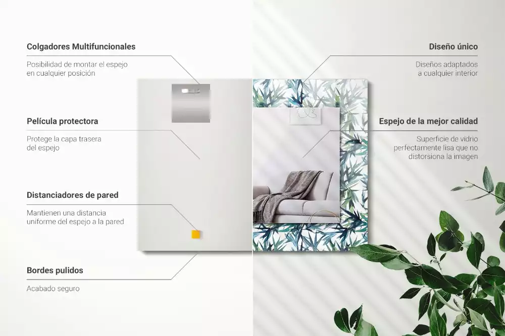 Négyszögletes fali tükör akvarell bambuszlevél mintával