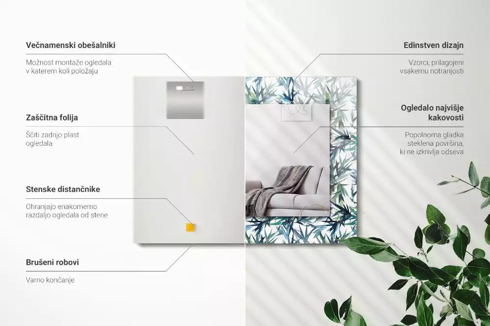 Négyszögletes fali tükör akvarell bambuszlevél mintával